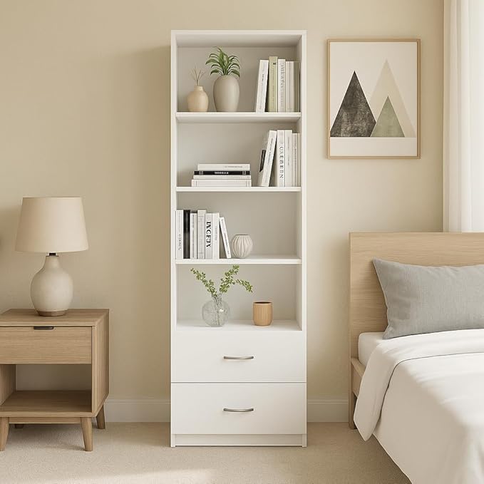 Image of Amazon Brand - Solimo Charm Engineered Wood Book Shelf with 4 Open Shelves & 2 Drawers, White Finish, Multipurpose Storage Rack for Living Room & Study | 60L x 30W x 178H CM | DIY