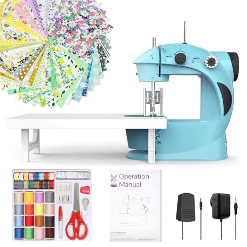 KPCB Tech Sewing Machine for Beginners [Full Set] with Finger Guard and Fabric Bundles - Mini Electric Sewing Machine with Sewing Kits, Foot Pedal, US Adapter and Extension Table