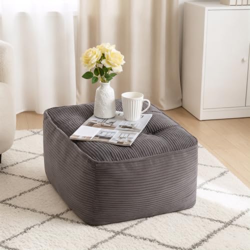 Image of Square Stuffed Pouf Ottoman, Corduroy Oversize Foot Rest,Dark Grey
