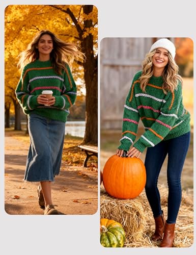 Image of QIBABU Womens Striped Sweaters Casual Lantern Sleeve Color Block Knit Pullover Sweater Tops