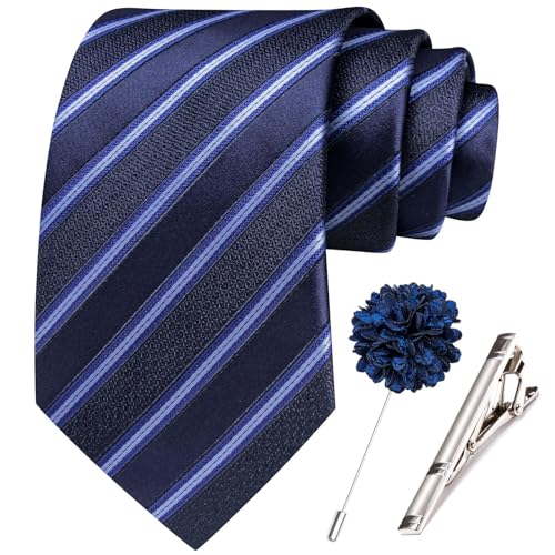Image of Hi-Tie 63 inches Striped Paisley Extra Long Ties for Men Silk Necktie with Lapel Pin Tie Clip Big and Tall Men Formal Wedding