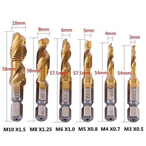 6pcs Combination Drill and Tap Bit Set, Coated Metric M3-M10 Spiral Tapping Tool 1/4" Hex Shank Threading Tips