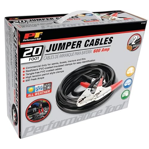 Performance Tool W1669 20' Commercial Duty 2-Gauge 800 Peak Amp All Weather Jumper Cables For Tractors, Semis, Buses, And Rvs #TOP5