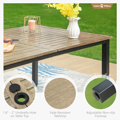 Sophia & William 6-person Metal Outdoor Patio Dining Table Rectangular, E-coating XLarge 63.8"L x 38.2"W Slat Tabletop, Adjustable Umbrella Hole 1.6"- 2", Patio Furniture for Porch Backyard Deck, Teak