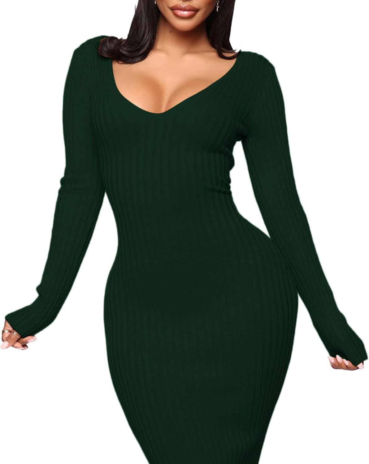 BestGirl Women's Sexy Ribbed Sweater Dresses Bodycon V Neck Off Shoulder Long Sleeve Lightweight Knit Midi Dress - Image 3