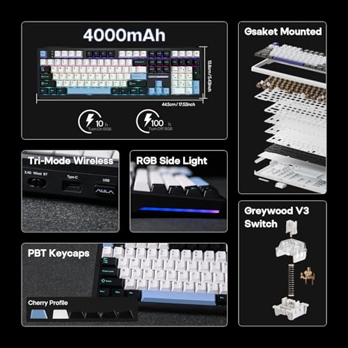 Image of EPOMAKER Aula F108 Wireless Gaming Keyboard, Mechanical Keyboard with 8000 mAh Battery, 108 Hot-Swap and Programmable Keys, RGB Backlight, for Mac /PC /Android (Black /White /Blue, Greywood V3)
