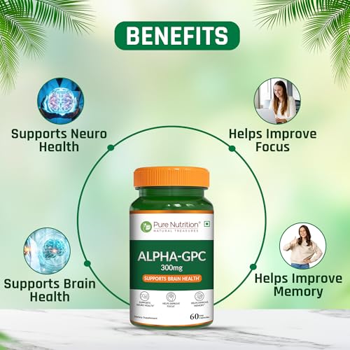 Image of Pure Nutrition Alpha GPC 300mg with L- Glycerophosphorylcholine Cognitive Function | Powerful Alpha GPC Supplement Helps to Improve Focus, Mental Clarity & Memory | Brain Health Supplement for Men & Women - 60 Veg Capsules