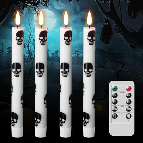Image of GenSwin Halloween Flameless Taper Candles Remote Timer, 4 Pack Real Wax LED Taper Candles Battery Operated Flickering with Skull Prints, Flameless Candlesticks for Halloween Decor(0.75 inchx 9.65 inch)