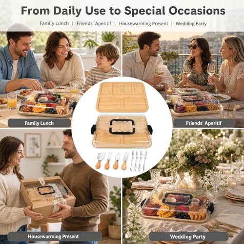 FTISSLY Käsebrett mit Deckel und Messer Käseplatte Servierplatte mit 6 Fächern Schneidebrett Bambus Holzbrett 38,5 x 29cm Charcuterie Board Holz Snack Platte Groß Picknick Brett für Snacks Partys