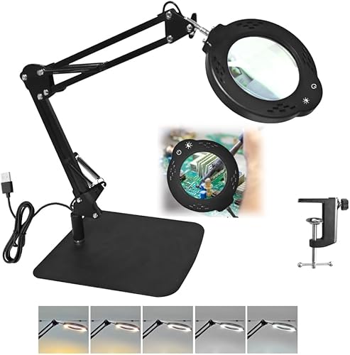 Lupa 10X con luz, lámpara de escritorio LED 2 en 1 y abrazadera, 5 modos de color regulable continuo, lupa manos libres con luz y soporte para