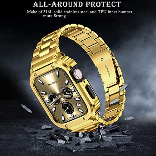 Image of MioHHR Stainless Steel Band and Case Compatible with Apple Watch Bands 46mm | Men Metal Protective Bumper Cover with Straps for iWatch 46mm Series 11 /10, Gold