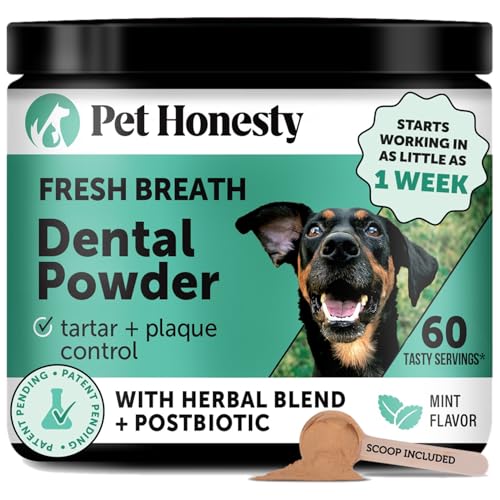 Dog Breath Freshener Dental Powder for Teeth Cleaning Plaque Off, Dental Care for Large Dogs, Tartar Remover for Teeth with Natural Herbal Blend + Postbiotics (Mint - 60 Servings)