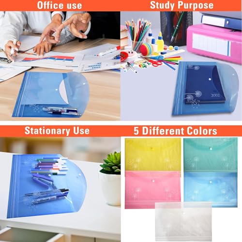 Image of Shuban Document File Folders with Snap Button Closure, Waterproof Plastic Envelope Pouches for Letter /A4 Size Paper, Assorted Transparent Colors (Style-2-Floral Dandelion Design Folder-5Pcs-Mix Color)