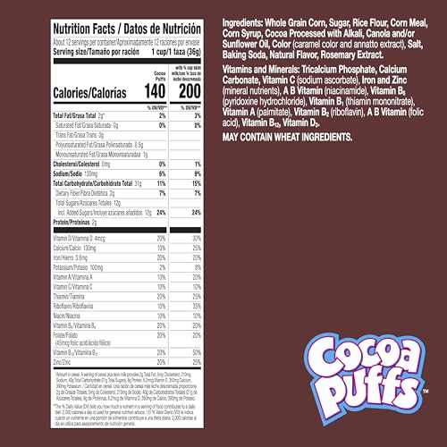 Cocoa Puffs, Chocolatey Breakfast Cereal, Made with Whole Grain, Large Size, 15.2 oz