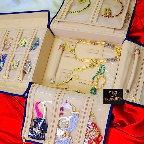 Image of Trendifly silk Lucknowi Jewellery Organiser Box for women Necklace organizer pouches Travel Makeup Cosmetic Earrings Jewelry Storage box for Bridal Gifting (Blue)