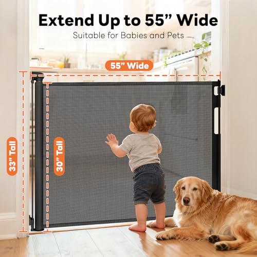 Retractable Baby Gate for Stairs and Doorways, 55" Wide x 33" Tall Mesh Dog Gate for Indoor & Outdoor Use, Safety Gate for Babies and Pets, Child Gates for Hallways, Hardware Mounted, Black - Image 3