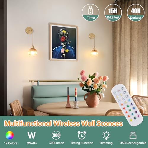 Image of Shenmoyl Battery Operated Wall Sconce with Amber Tulip Shade Pattern Glass Adjustable Chain Retro Gold Wall Mounted Light, Modern Wall Decor for Bedside Bedroom Indoor Doorway， Set of 2