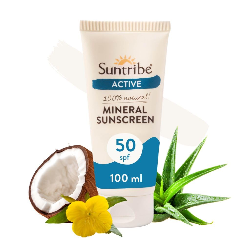 Suntribe Natural Mineral Organic Sun Cream Sport SPF 50/100 ml, 100% Natural & Reef Proof, Nano-Free Mineral UV Filter, Very Waterproof, Sweatproof – White Shimmer