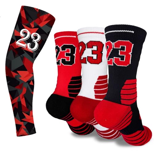Popuid Youth Boys Basketball Crew Socks with Arm Sleeves, Lucky Number Thickened Sports Socks for Kids Team Uniform Gifts (Red/Black/White)