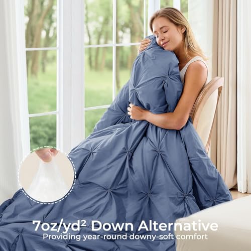 Image of Sasttie Twin Comforter Set, 5-Piece Bed in a Bag, Pintuck Bedding Sets for All Season, Includes Comforter, Flat Sheet, Fitted Sheet, Pillowcase and Pillowsham, Slate Blue