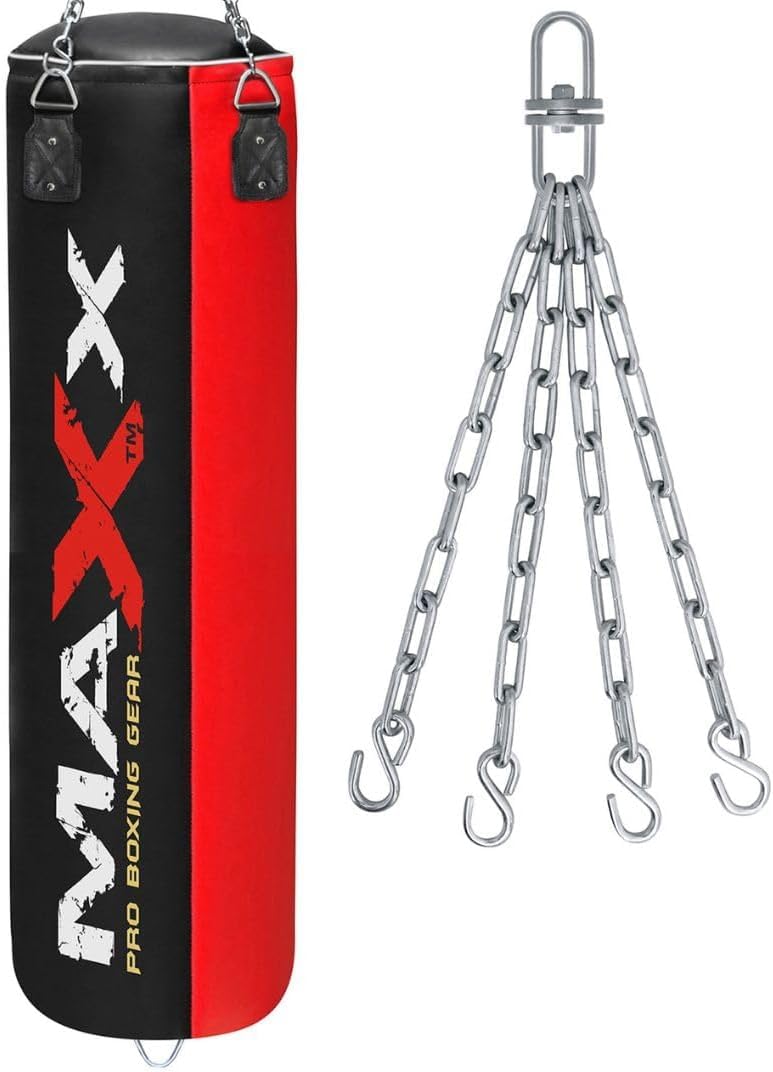 Maxx Unfilled Punch Bag with Chain, Boxing Training Bag With Free Chain, 4ft and 5ft, 4 Colours (BLACK RED, 6FT)