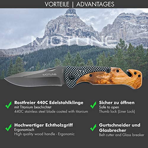 Motune® 2-hand Folding Knife 3-in-1 KP20 - Sharp Pocket Knife With Wooden Handle - Two-hand Knife With Titanium Blade Made Of Stainless Steel - Outdoor Knife With Whetstone And Belt Bag - Image 4