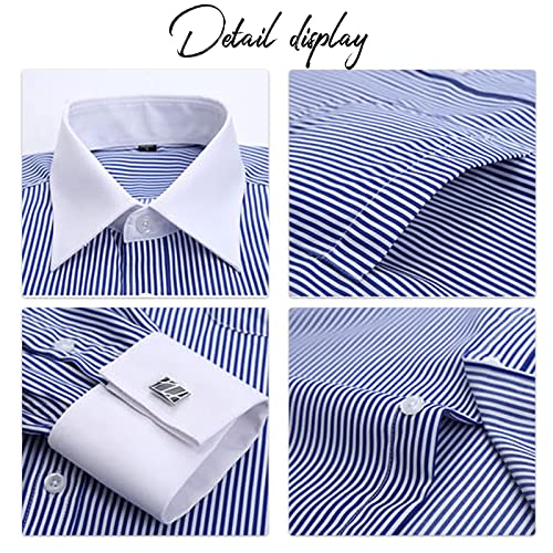 Alsogo Men's Dress Shirts Long Sleeve Slim Fit Button Down Casual Shirt With Pocket Stripes-Blue M #TOP4