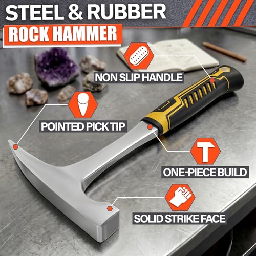 Image of Rock Pick Hammer 20 oz - One-Piece Forged Steel Geology Hammer with Pointed Pick Tip & Shock-Dampening Grip for Rockhounding, Fossil Hunting, Prospecting, Mineral Digging & Light Masonry Chipping Tool