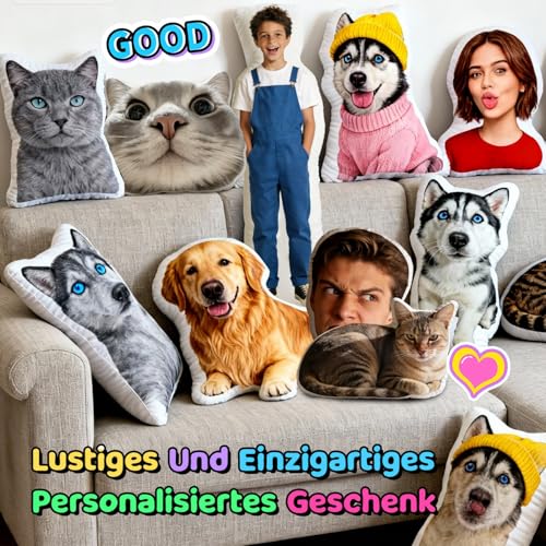 Funmii Kissen mit Foto Bedrucken Lassen, Kissen Personalisiert, Hund Katze Haustier Fotokissen, Kuscheltier mit Gesicht Foto, Lustige Fotogeschenke, Personalisierte Geschenke für Frauen Männer
