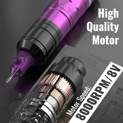 Wormhole Tattoo Gun Tattoo Kit with Wireless Tattoo Machine, 2PCS 1,200mAh Capacity Tattoo Batteries, 20 Cartridge Needles with Finger Ledge, Ink Color Set for Artists-Purple