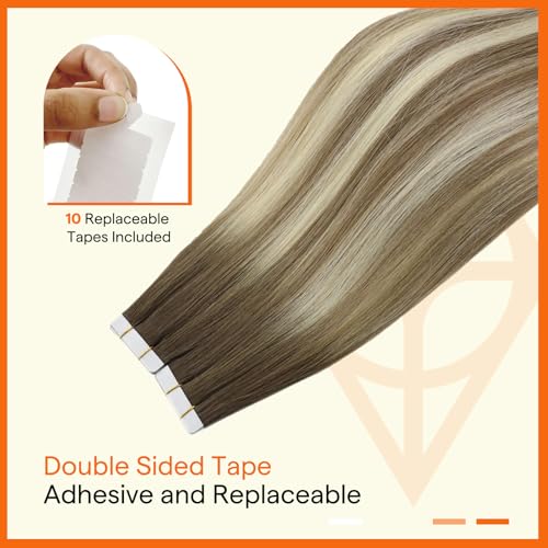 Image of Full Shine Virgin Tape in Extensions 12Inch Color 8 /8 /613 Remy Invisible Tape in Hair Extension Double Sided Seamless Skin Weft Real Human Hair Straight 20 PCS 30 Gram for Woman Add Volume Natural