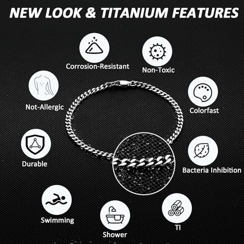 SanThree Solid Pure Titanium Cuban Link Bracelet 3.5mm Finely Polished Skin Friendly Shinny Curb Chain Bracelets for Women Men Sensitive Skin Valentines Birthday Gifts, 7.87"2
