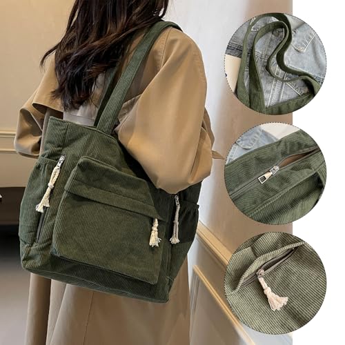Eslcorri Women’s Hobo Handbag Corduroy Tote Bags Large Casual Shoulder Purse Slouchy Messenger Bag with Multi-pocket4