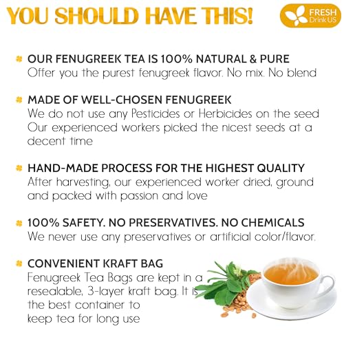 Image of FreshDrinkUS, Premium 120 Fenugreek Tea Bags, 100% Natural & Pure from Fenugreek. Fenugreek Herbal Tea. Made with Natural Material Tea Bags. No Sugar, No Caffeine, No Gluten, Vegan.