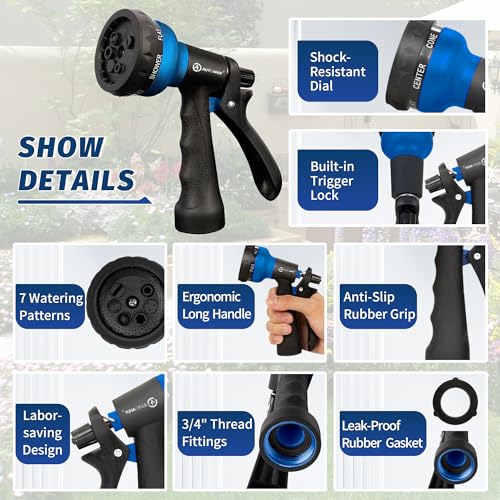 Image of AUTOMAN-Garden-Hose-Nozzle, 2 Pack ABS Water Spray Nozzle with Heavy Duty 7 Adjustable Watering Patterns,Slip Resistant for Watering Plants,Lawn& Garden,Washing Cars,Cleaning,Showering Pets - Blue