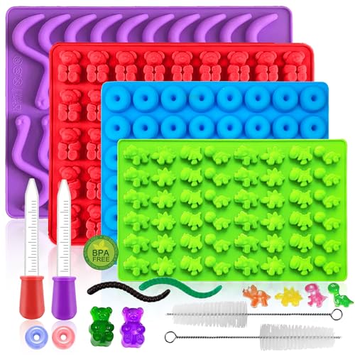 La Mejor Selección de Moldes para mesa de dulces - solo los mejores. 47 Kit de 4 moldes de silicona para caramelos con 2 cuentagotas | Oso grande antiadherente/dinosaurio/rosquilla/gusano gomoso, más de 200 cavidades, moldes de gelatina de chocolate...