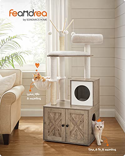 Image of Feandrea Cat Tree with Litter Box Enclosure, 59-Inch Modern Cat Tower | 2-In-1 Condo with Scratching Posts, Washable Removable Cushion, Greige UPCT113G01