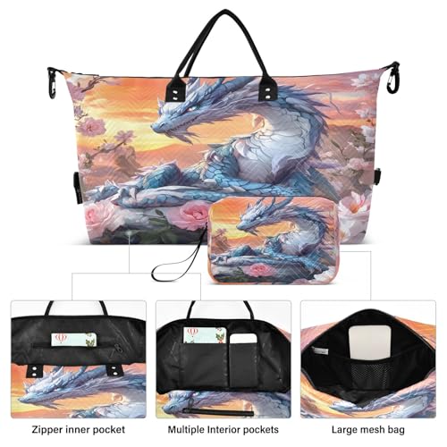 Weekender Bags Travel Duffel Gym Bag Flower Blue Dragon Carry on Overnight Tote Bag with Toiletry Bag for Airplane Travel Trip Gym Yoga2