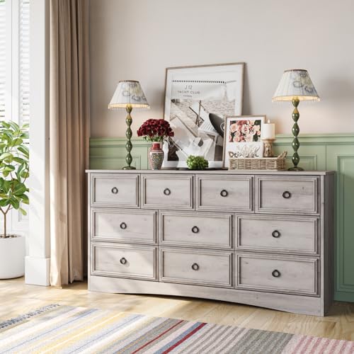 Modern 10 Drawer Dresser, Dressers for Bedroom, Chest of Drawers Closet Organizers and Storage Clothes - Easy Pulls Handle, Textured Borders Living Room, Hallway, Gray