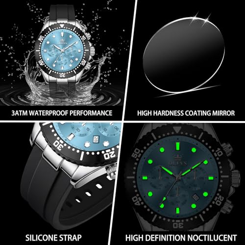 Image of OLEVS Men's Watches Sport Chronograph Analog Quartz Watch for Men with Date Waterproof Dress Casual Fashion Watch Soft Silicone Rubber Strap Band, Unidirectional Bezel & 42mm Big Face