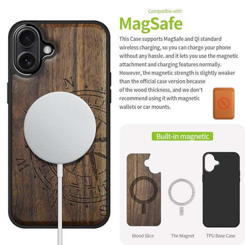 Image of Carveit Wood Case for iPhone 16 Plus, The Incomplete Compass, Walnut | Magnetic iPhone 16 Plus Case Compatible with MagSafe Wireless Chargers, Engraved Wood with Soft TPU Shockproof Bumper