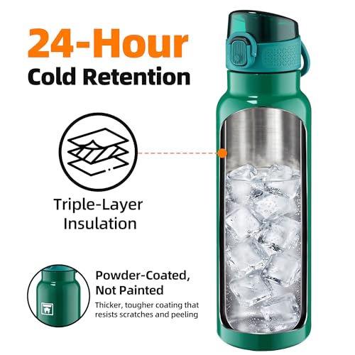 Image of Fanhaw 24 oz Insulated Water Bottle with Soft Silicone Spout Lid, Leakproof Stainless Steel Vacuum Bottle for School, Sports& Daily Use, Kids, Teens& Adults, Back to School Essentials (Mars Green)
