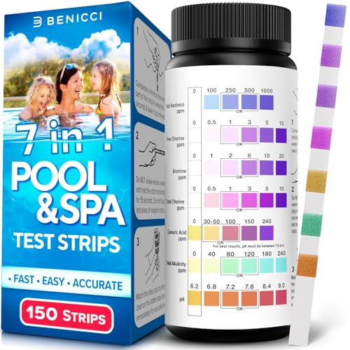 7-in-1 Accurate Pool Test Strips - 150 Hot Tub Spa Test Strips - Quick Pool Water Testing Kit - Bromine, pH, Hardness, Alkalinity, Chlorine & Cyanuric Acid - Perfect for Any Pools, Spa, Hot tubs