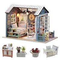 CUTE-Eyfud DIY Miniature Dollhouse Kit for Adults (14+), 1:24 Wooden Mini House with LED Lights & Music, Tiny Doll House Craft Kit, Creative Birthday Gift for Girls & Women (Forest Blue Moments)