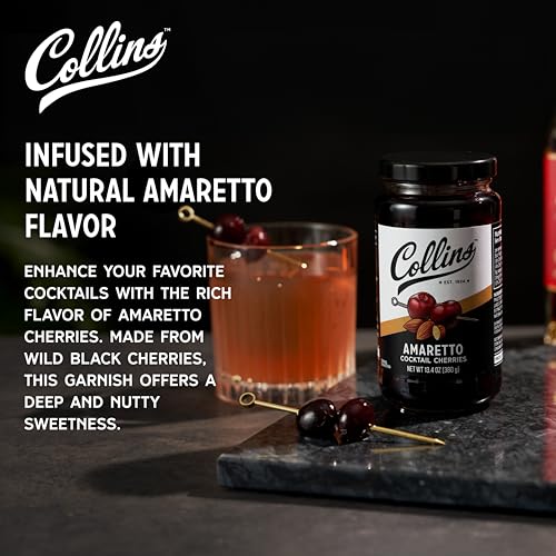 Collins Amaretto Cocktail, Wild Black Cherries in Amaretto-Infused Syrup, Natural Ingredients, Gourmet Garnish for Sours, Old Fashioneds, Desserts, and Baking, 13.4 oz Jar - Thumbnail 2