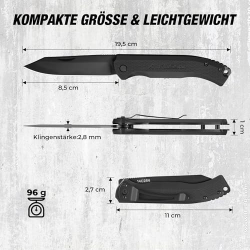 FLISSA Klappmesser, EDC Taschenmesser mit G10 Griff, 14C28N Edelstahlklinge, CNC-geschliffen, Gürtelclip, Ideal für Camping, Outdoor & Alltag