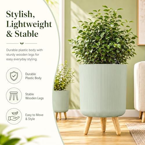 Image of Eightiz Store Modern Light Green Flower Pot with Plastic Legs | Indoor Outdoor Planter for Home Garden Balcony Decor Ribbed Design Sturdy Plastic Mid-Century Style (Light Green, Pack of 2)