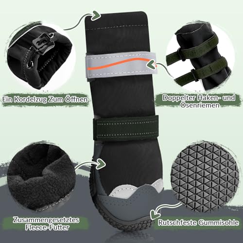 Eyein Hundeschuhe Pfotenschutz Winter, Wasserabweisend hohem Design Hundeschuhe mit verstellbarem Gummischnur und reflektierendem Klettverschluss, die vor Salz, Schnee, Sandkörner (Schwarz, Größe 4)