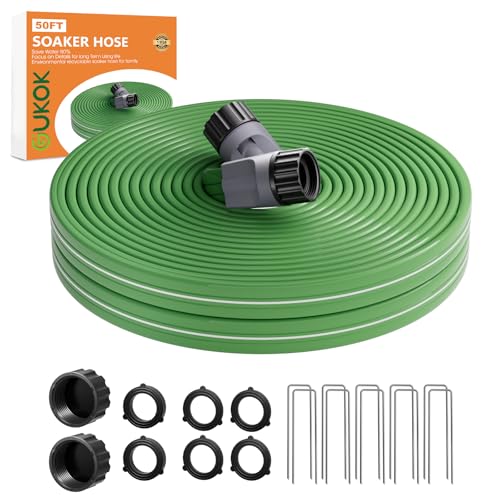 GUKOK 50 FT Water Saving Flat Soaker Hose with 20 Stakes for Garden Lawn - Durable Irrigation Tubing with Multi Directional Sprinkler Spray Up to 8 FT Range
