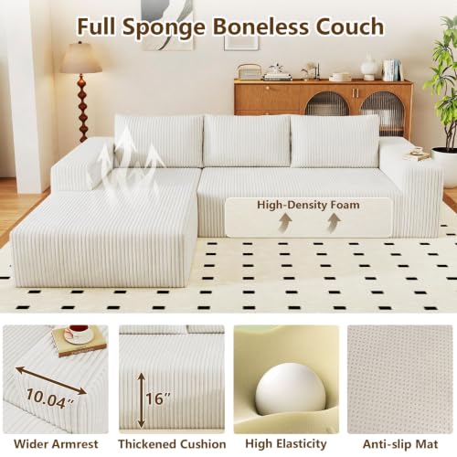 Image of 96 inch Modular Sectional Couch, Boneless L Shaped Cloud Sofa with Chaise Lounge, Corduroy Upholstered Couches Memory Foam Deep Seat, No Assembly Required, Ideal for Living Room(White, Left Facing)